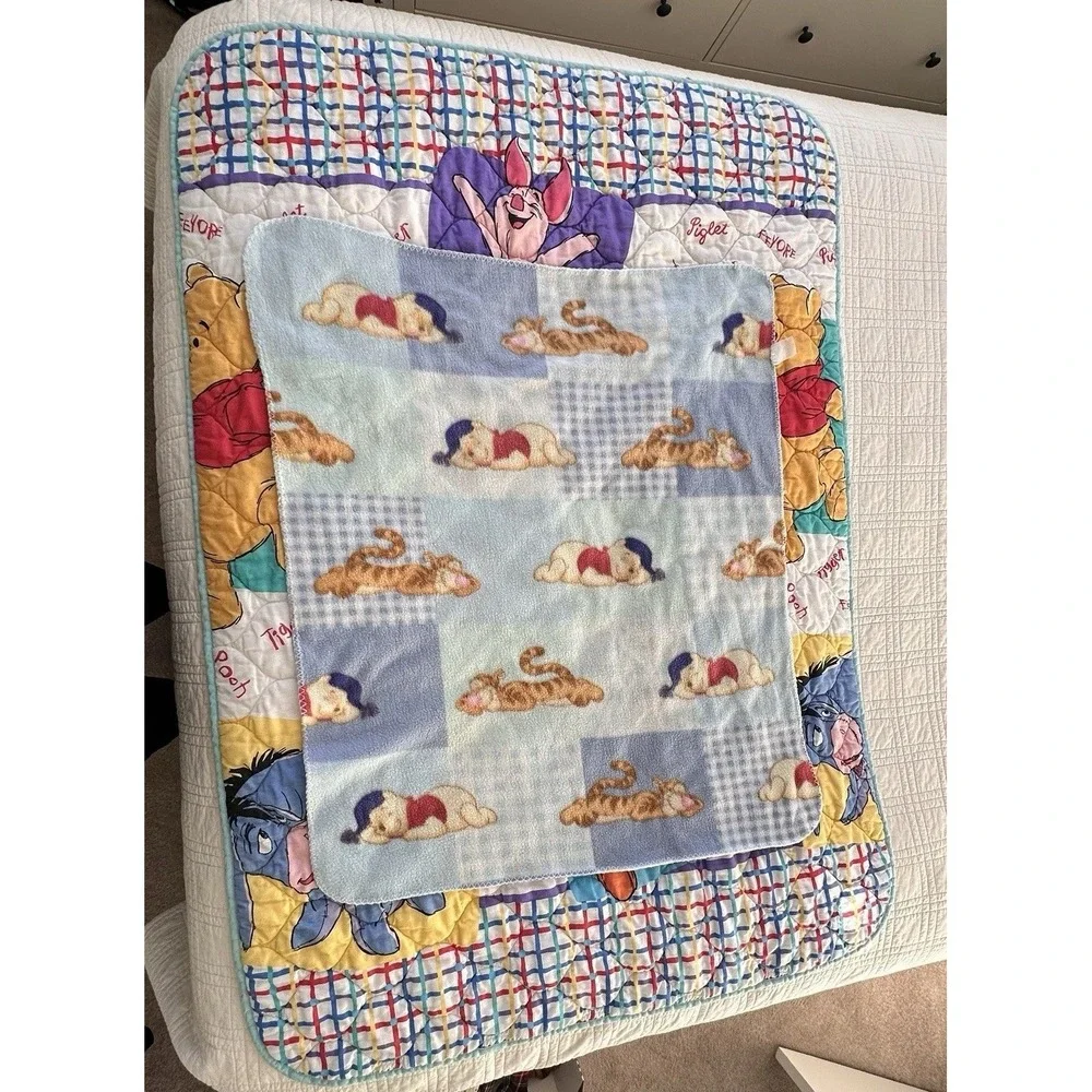 2 Vtg 1995 Disney Winnie The Pooh Baby Crib‎ Blanket Nursery Quilt Fleece USA
